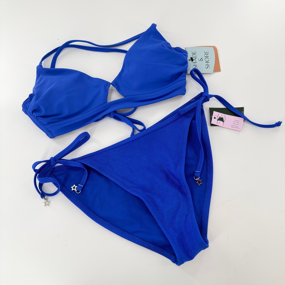 Shade & Shore Wild Fable Bikini Women 32D M Blue NWT Ribbed Star Charm Cheeky